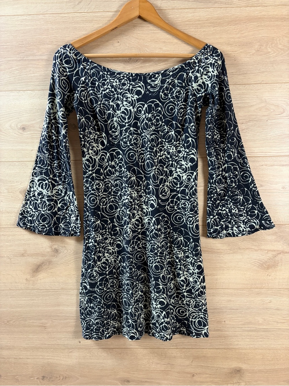 Eta Beta Bell Sleeve Off Shoulder Mini Dress S Black Cream Batik Whimsigoth 70s